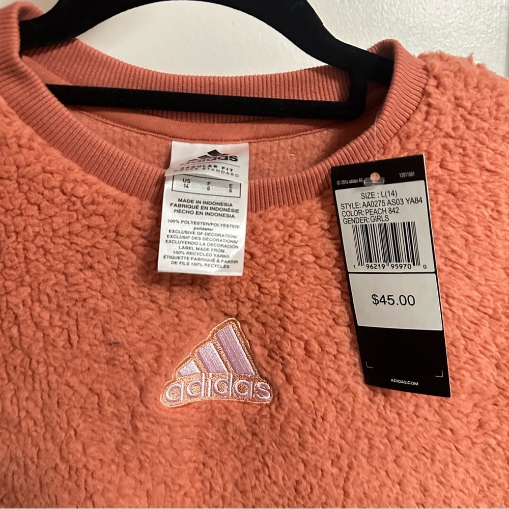 NWT Adidas Girls Sherpa Crew Neck Sweater Pink/Coral Girls 14 - Picture 3 of 3